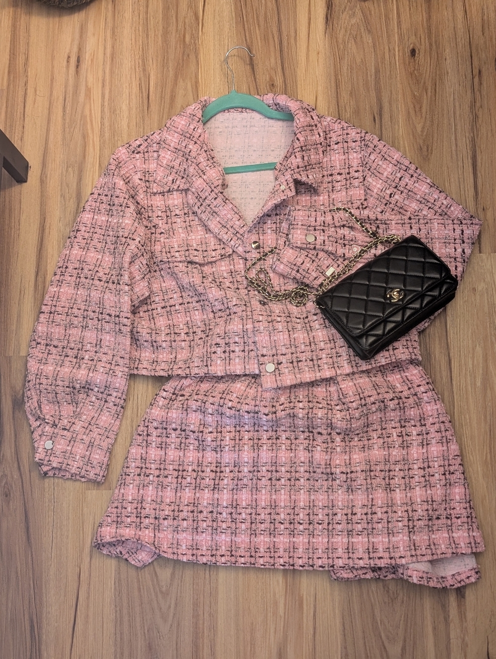 Pink Tweed Matching Set Jacket Skirt | Preppy Chic Outfit | Textured Blazer Set